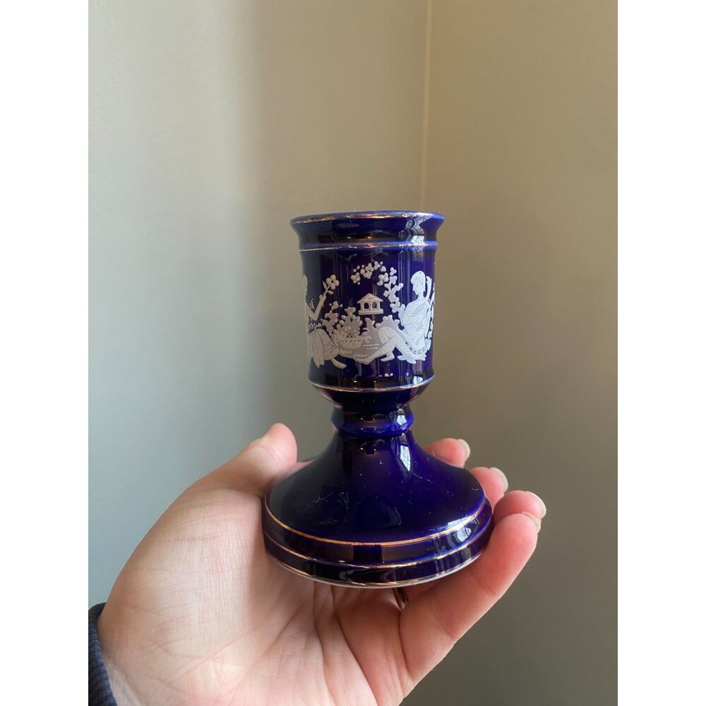 Vintage Watkins Grecian Cobalt Blue Candlestick With White Scene & Gold Trim